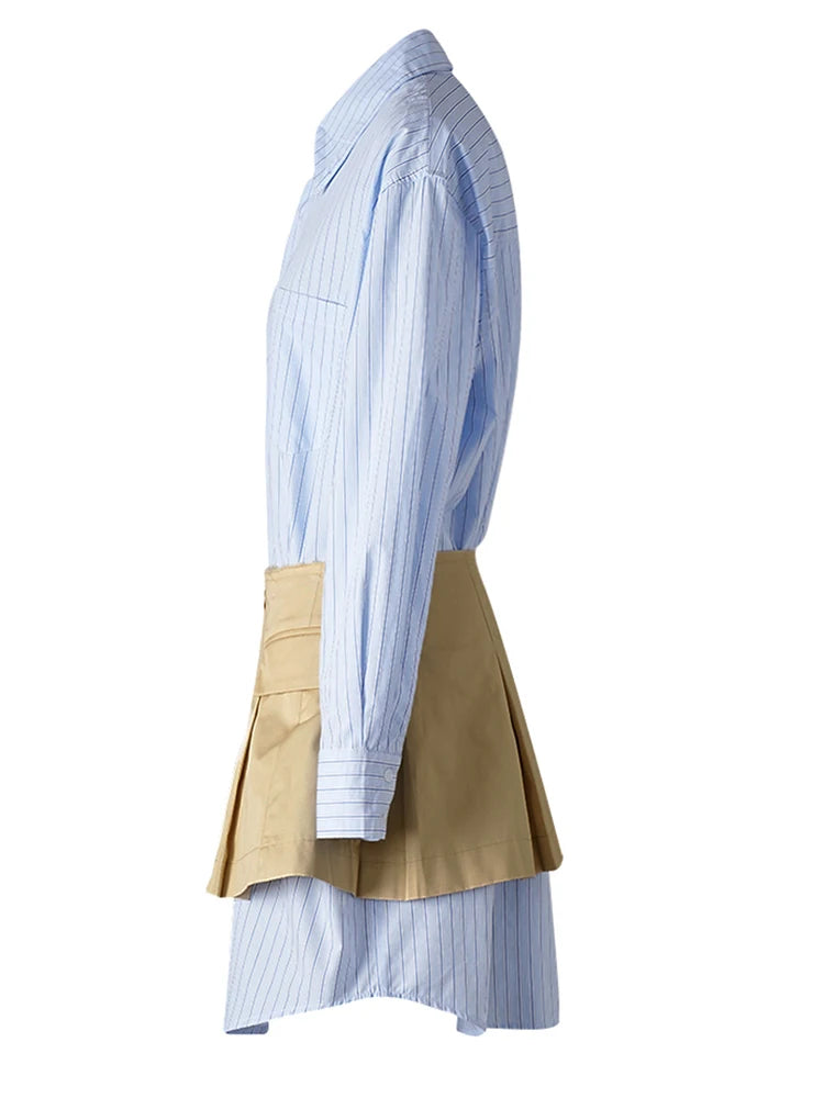 Women Blue Striped Pleated Elegant Big Size Blouse New Lapel Long Sleeve Shirt Fashion Tide Spring Autumn 2025 7AB1822