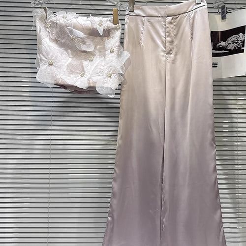 Load image into Gallery viewer, Elegant Two Piece Sets for Women Strapless Sleeveless Spliced 3D Flower Vest High Waist Wide Leg Pant Set Female
