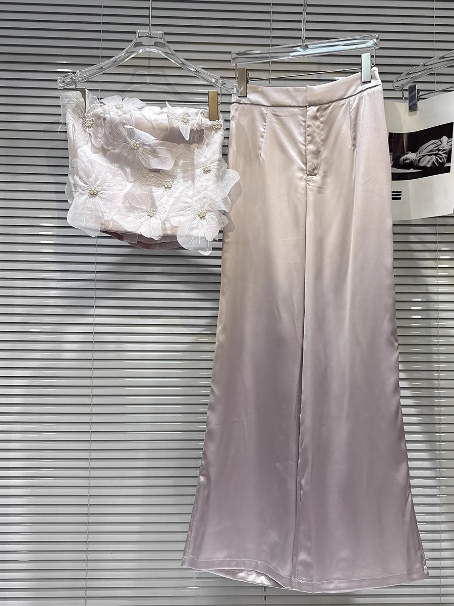 Elegant Two Piece Sets for Women Strapless Sleeveless Spliced 3D Flower Vest High Waist Wide Leg Pant Set Female