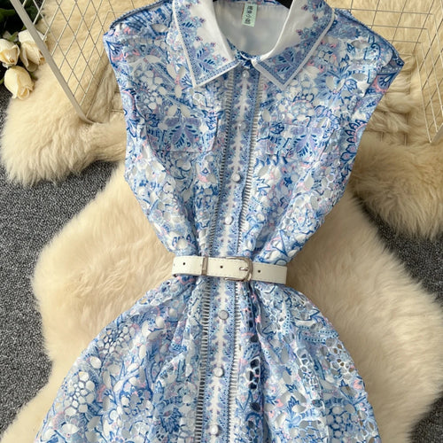 Load image into Gallery viewer, French Women's Orange Blue Crochet Flower Elegant Sleeveless Hollow Out Long Dress Summer Sexy Slim Single Breasted Party Dress
