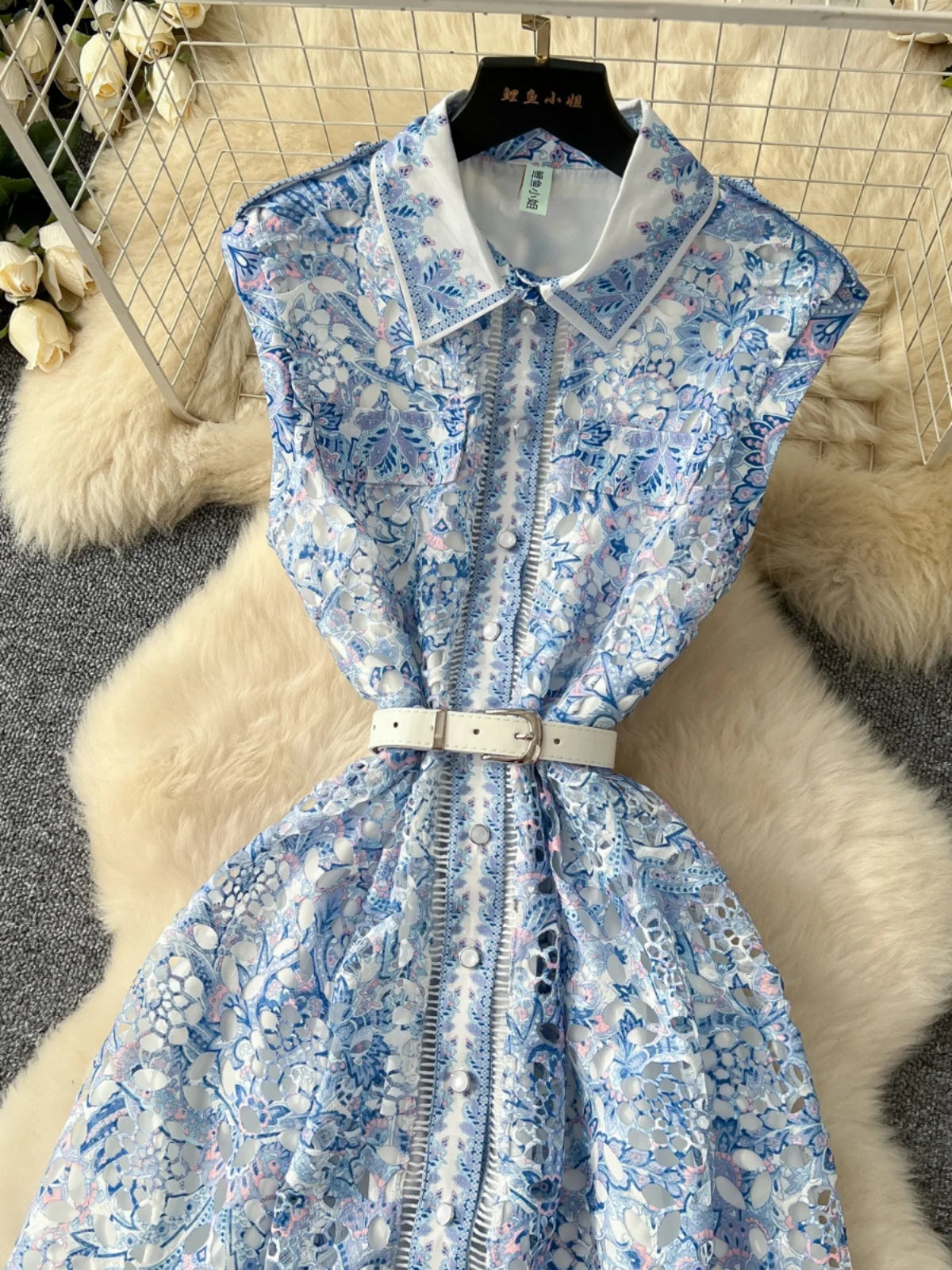 French Women's Orange Blue Crochet Flower Elegant Sleeveless Hollow Out Long Dress Summer Sexy Slim Single Breasted Party Dress