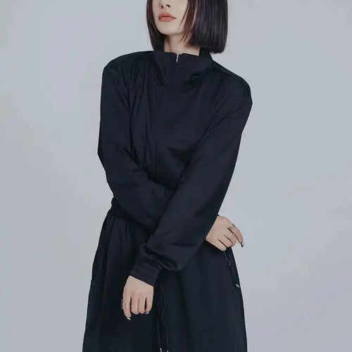 Load image into Gallery viewer, Women Black Brief Drawstring Casual Knee-Length Dress New Lapel Long Sleeve Loose Fit Fashion Spring Autumn 2025 1DF0706
