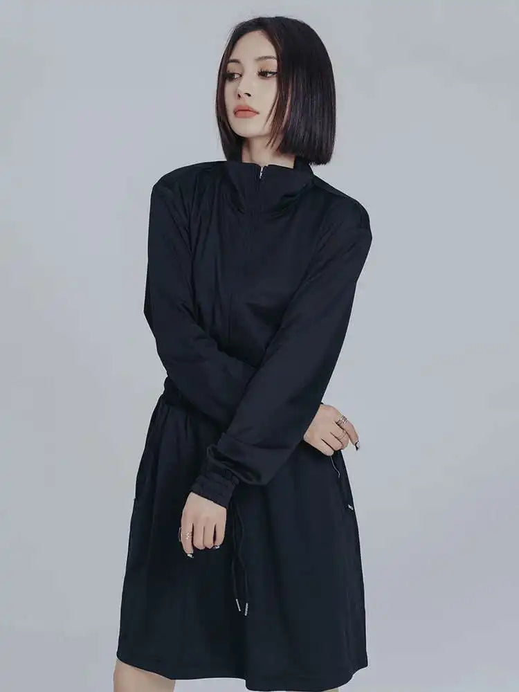 Women Black Brief Drawstring Casual Knee-Length Dress New Lapel Long Sleeve Loose Fit Fashion Spring Autumn 2025 1DF0706