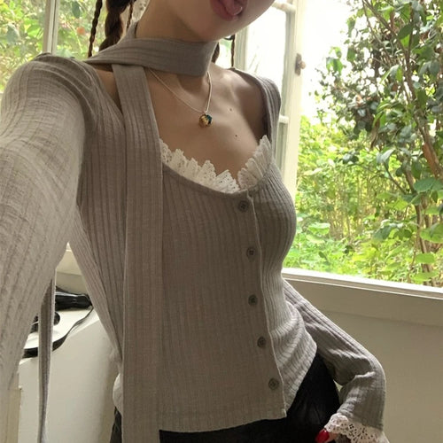 Load image into Gallery viewer, Lace Patchwork Women Gentle Crop Cardigans Y2k Aesthetic Sweet Single Breasted Sweaters Streetwear Casual Slim Grunge Knitwear
