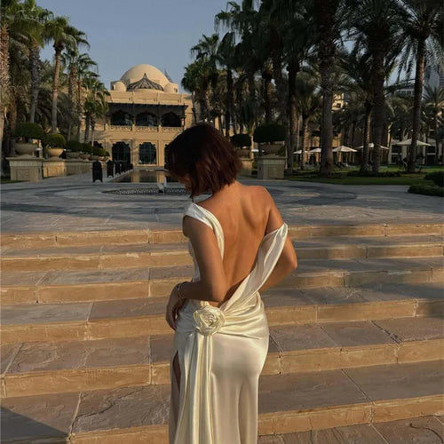 Load image into Gallery viewer, Satin Backless Sexy Maxi Dress For Women Elegant Rose Thigh High Split Beach Holiday Long Dress Gorgeous Club Gown
