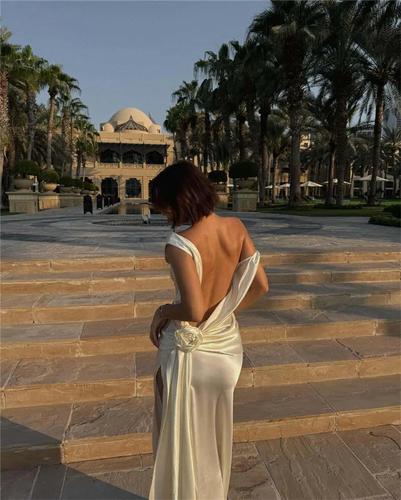 Satin Backless Sexy Maxi Dress For Women Elegant Rose Thigh High Split Beach Holiday Long Dress Gorgeous Club Gown