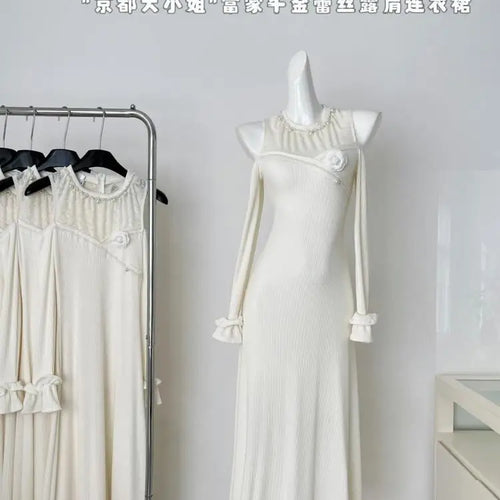 Load image into Gallery viewer, French Vintage Beige Pearl Patchwork Lace Off Shoulder Dress Sexy Round Neck Long Sleeved Elegant Party Evening Gown Dress Trend
