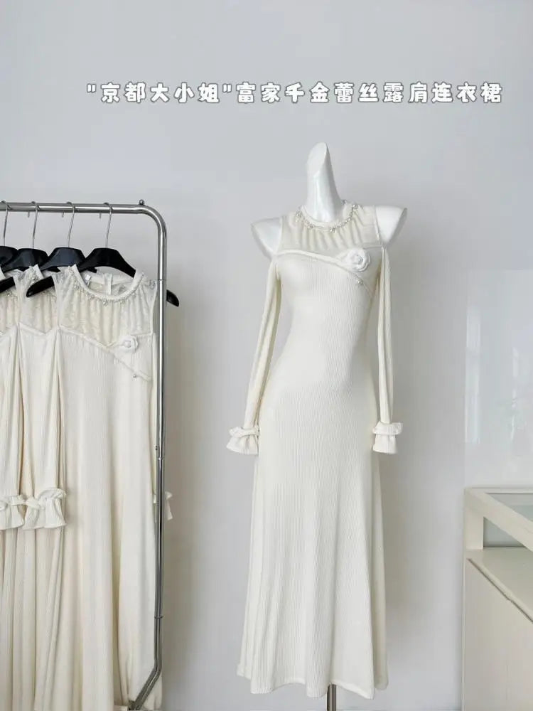 French Vintage Beige Pearl Patchwork Lace Off Shoulder Dress Sexy Round Neck Long Sleeved Elegant Party Evening Gown Dress Trend