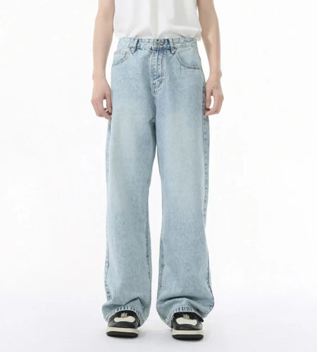Men's Jeans Korean New Fashion Washed Style Solid Color Male Trousers Straight Wide Leg Simple Casual Bottoms 2025 9W1681