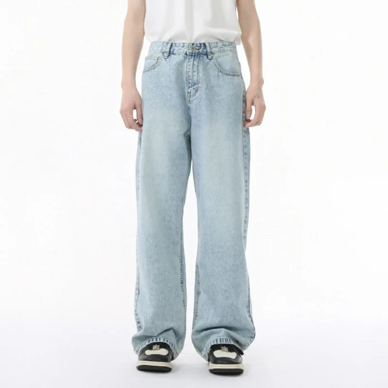 Men's Jeans Korean New Fashion Washed Style Solid Color Male Trousers Straight Wide Leg Simple Casual Bottoms 2025 9W1681