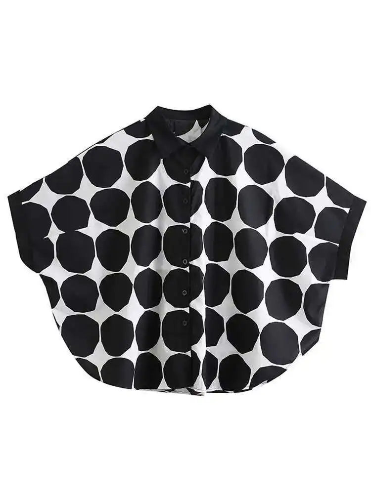 Women Black Dot Printed Big Size Blouse New Lapel Three-quarter Sleeve Loose Fit Shirt Fashion Spring Summer 2025 1DE6982