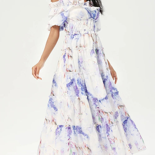 Load image into Gallery viewer, Elegant Floral Printing Dresses For Women Slash Neck Off Shoulder Puff Sleeve High Waist Spliced Ruffles Casual Dress Female
