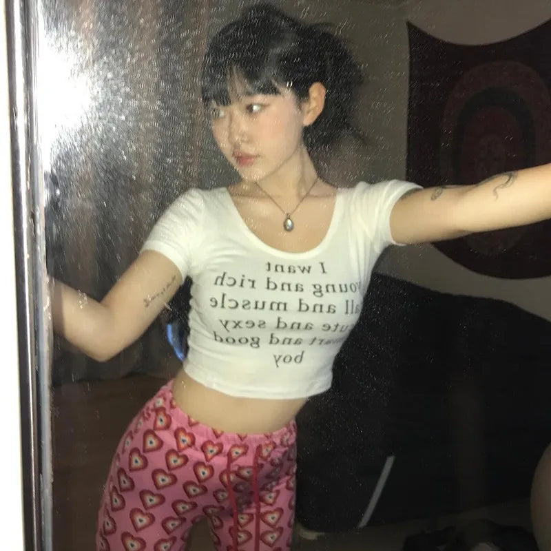 Korean Fashion Crop Tops Grunge Letter Print T-shirts Kpop Sexy Slim Short Sleeve Tee Shirts Japanese Style Streetwear