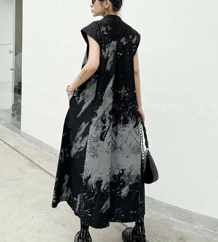 Women Black Pattern Printed Big Size Midi Shirt Dress New Stand Collar Sleeveless Fashion Tide Spring Summer 2025 1DH5837
