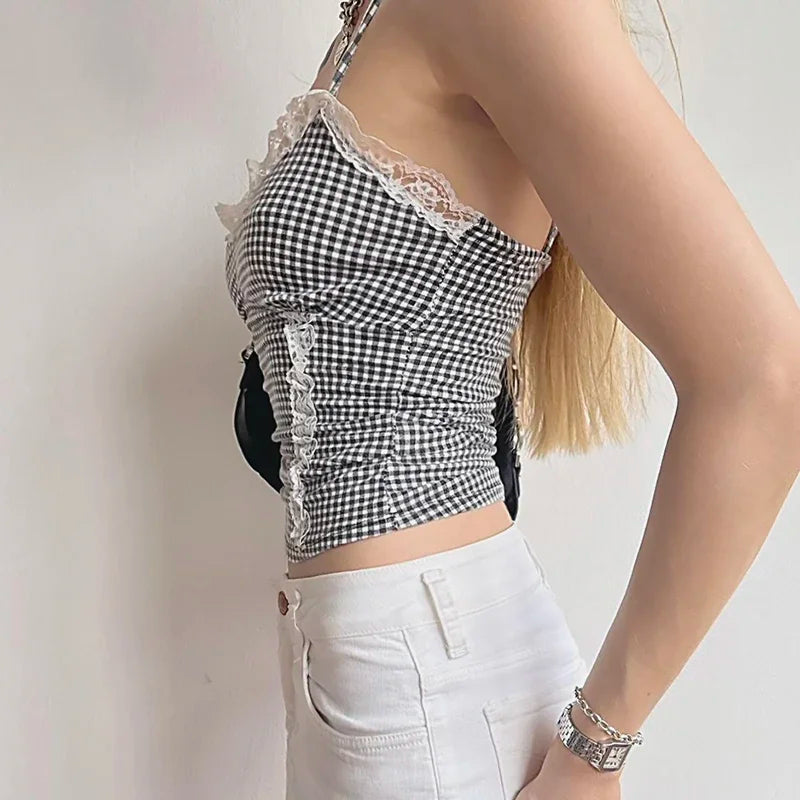 Vintage Strap Chic Summer Cropped Top Sleeveless Y2K Clothes Plaid Tops Camis Lace Spliced Contrast Color Short Cute