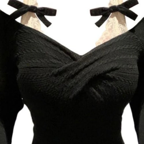 Load image into Gallery viewer, Korean Sexy Fairy Crop Top Sweater Women Japanese Sweet Y2k Aesthetic Bow Lace Patchwork Knitted Pullover Thin Kintwear Tops
