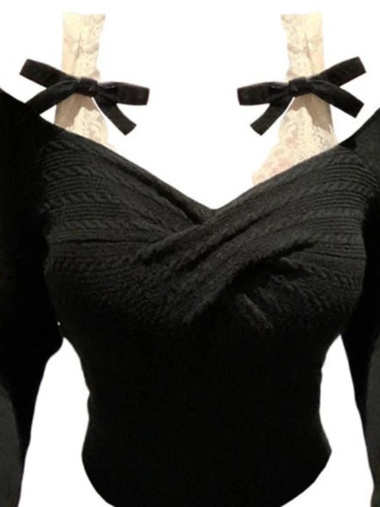 Korean Sexy Fairy Crop Top Sweater Women Japanese Sweet Y2k Aesthetic Bow Lace Patchwork Knitted Pullover Thin Kintwear Tops