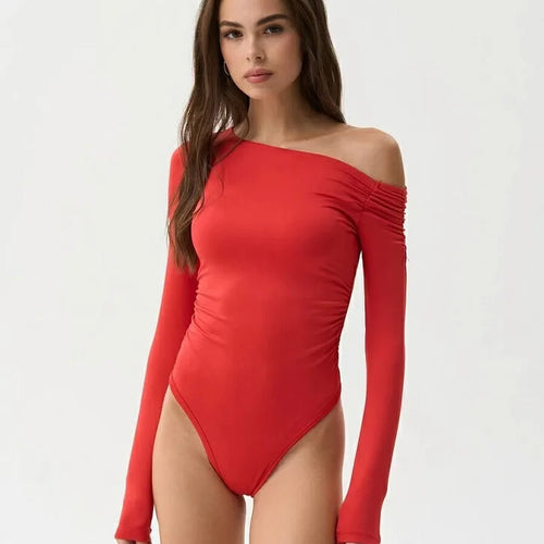 Load image into Gallery viewer, Fashion Stretch Tight Long Sleeve Slanted Shoulder Women Bodysuit 2025 Autumn/Winter New Rompers Sexy Slim Casual Street
