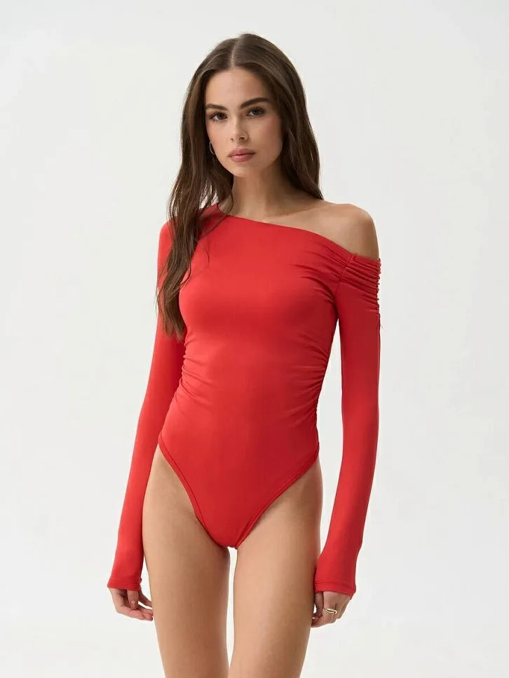 Fashion Stretch Tight Long Sleeve Slanted Shoulder Women Bodysuit 2025 Autumn/Winter New Rompers Sexy Slim Casual Street