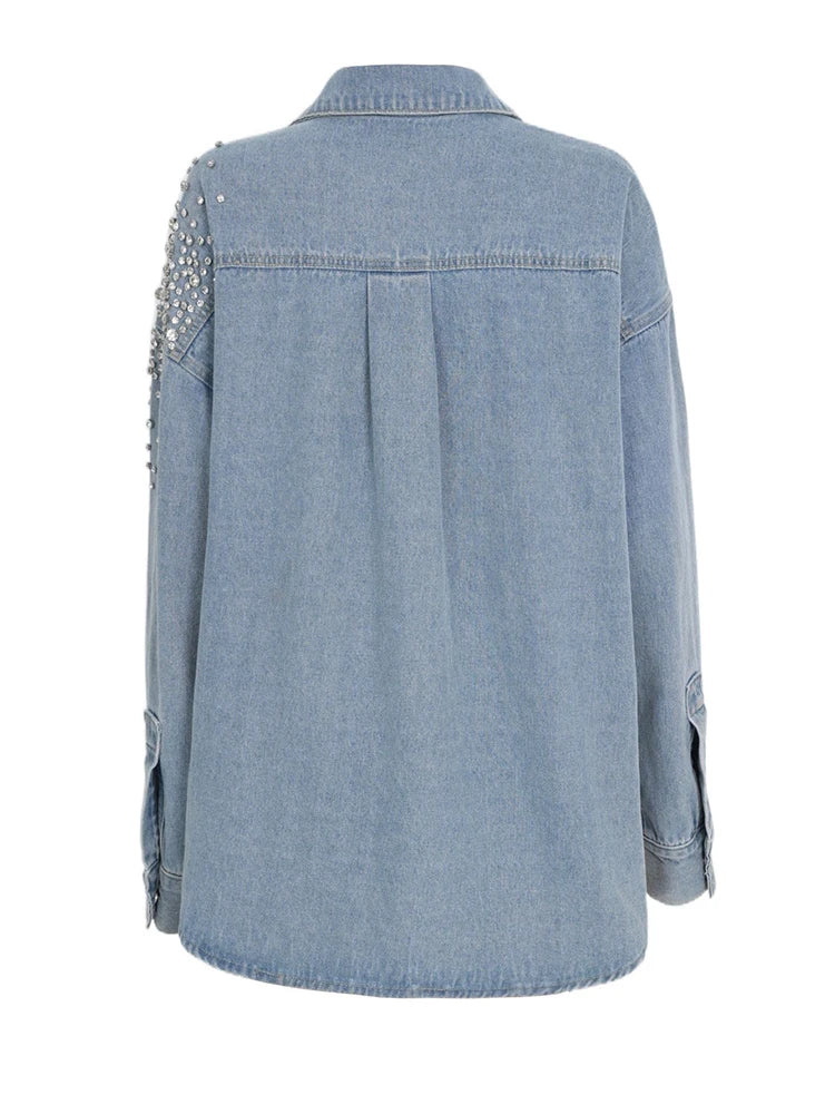 Loose Fit Blue Denim Rhinestones Big Size  Jacket New Lapel Long Sleeve Women Coat Fashion Tide Spring Autumn 2025  7AB878