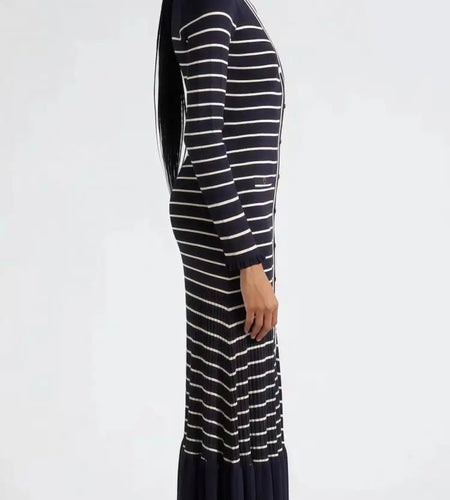 Retro Women Black Beige Striped Single Breasted Slim Knit Dress Autumn Winter Long Sleeve V Neck Elegant Office Ruffles Dresses