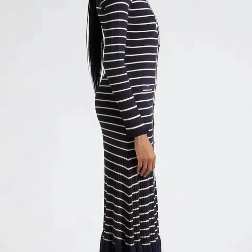 Load image into Gallery viewer, Retro Women Black Beige Striped Single Breasted Slim Knit Dress Autumn Winter Long Sleeve V Neck Elegant Office Ruffles Dresses
