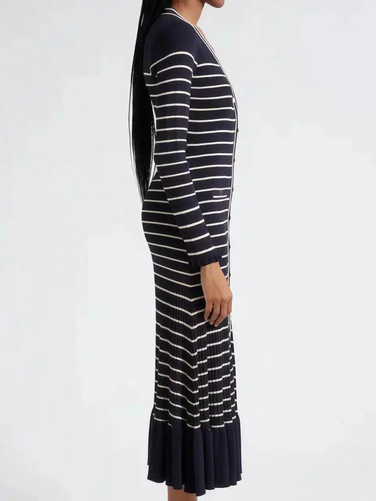 Retro Women Black Beige Striped Single Breasted Slim Knit Dress Autumn Winter Long Sleeve V Neck Elegant Office Ruffles Dresses