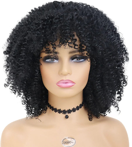 Kinky Curly Synthetic Wig with Bangs Wig Curly Natural Afro Wigs Black Women Cosplay Curly Short African American Wig