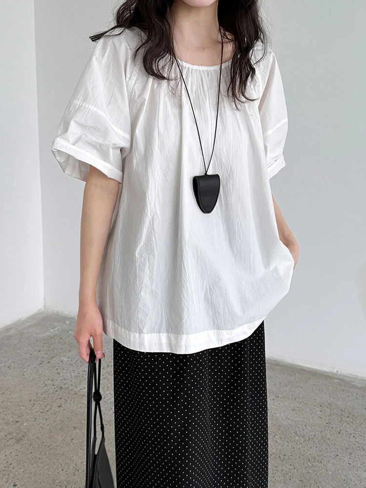 Women Blue Back Hollow Out Bandage Big Size  Blouse New Round Neck Short Sleeve Shirt Fashion Spring Summer 2025 1DJ1082