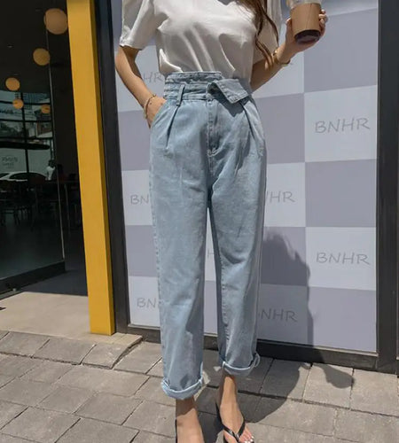 Vintage Straight Pants Women Summer Korean Style High Waist Blue Ankle-length Jeans Simple All-match Baggy Student Trendy Casual