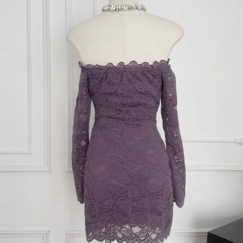 Load image into Gallery viewer, Vintage Fashion Women Purple Lace Long Sleeved Backless Party Short Dress Autumn Off Shoulder Wrapping Hip Mini Dress Simplicity
