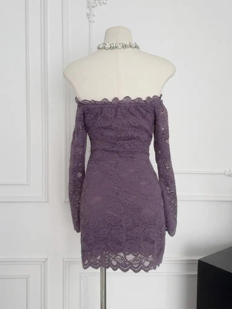 Vintage Fashion Women Purple Lace Long Sleeved Backless Party Short Dress Autumn Off Shoulder Wrapping Hip Mini Dress Simplicity