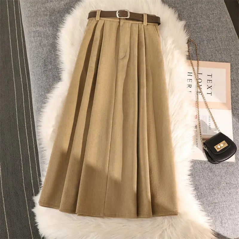 Retro Corduroy Black Pleated Umbrella Skirts For Women Autumn Winter Fashion Korean Streetwear Harajuku Brown Long Skirt Elegan