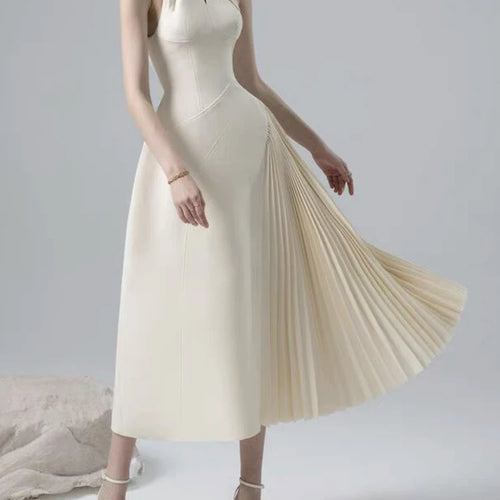 Load image into Gallery viewer, Solid Elegant Slimming Dresses For Women Lapel Sleeveless High Waist Spliced Zipper Folds Temperament Dress Female Fashion
