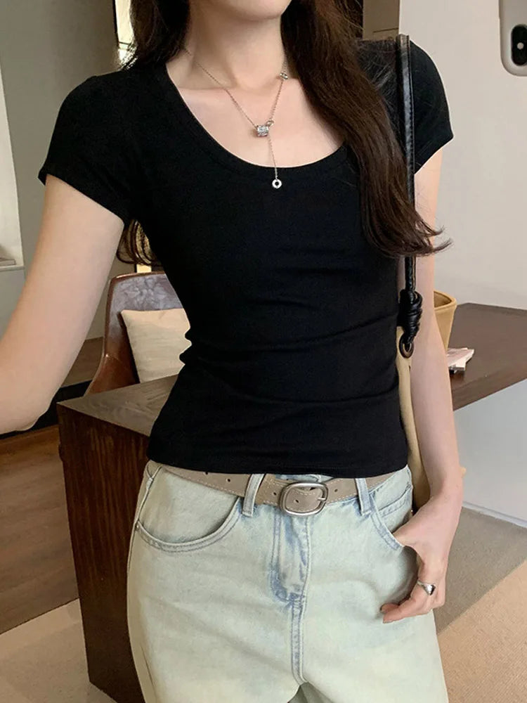 Summer Casual Cotton T Shirt For Women Short Sleeve Tshirts Fashion Womens Clothing Slim Basic O Neck Y2K Tee Shirt Femme