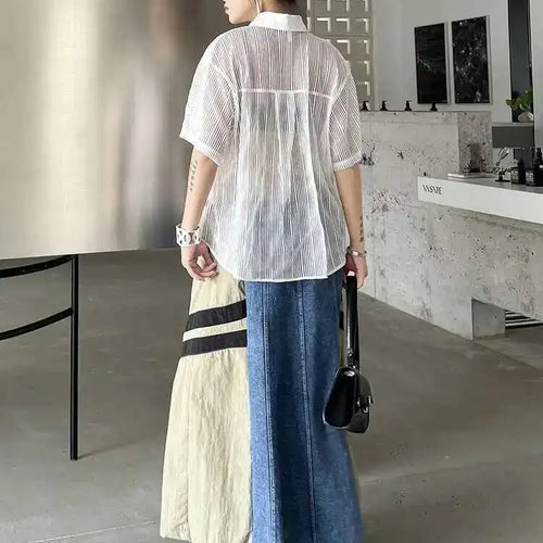 Load image into Gallery viewer, High Elastic Waist Apricot Striped Denim Color-block Half-body Skirt Women Fashion Tide New Spring Autumn 2025  1DH6462
