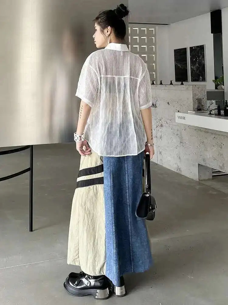 High Elastic Waist Apricot Striped Denim Color-block Half-body Skirt Women Fashion Tide New Spring Autumn 2025  1DH6462