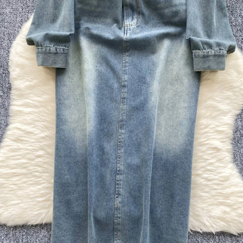 Load image into Gallery viewer, Autumn Retro Blue Long Sleeves Single Breasted Denim Long Dress Korean Fashion Women Slim High Waist A-line Jeans Dresses Simple
