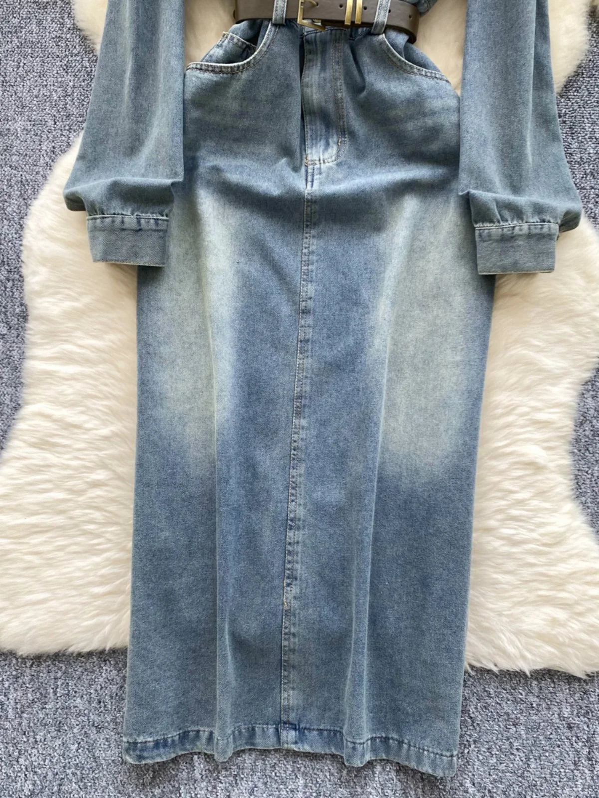 Autumn Retro Blue Long Sleeves Single Breasted Denim Long Dress Korean Fashion Women Slim High Waist A-line Jeans Dresses Simple