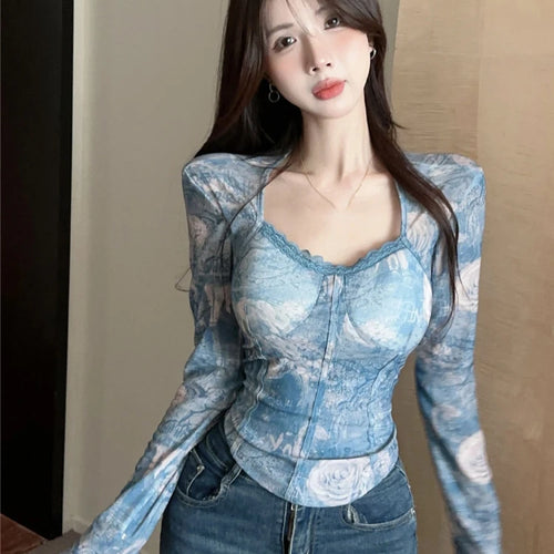 Load image into Gallery viewer, Spring Y2k Aesthetic Tie-dye Printing Tops Lace Bottoming Crop Tops Streetwear Harajuku Women Vintage Sexy Grunge T-shirt Tees
