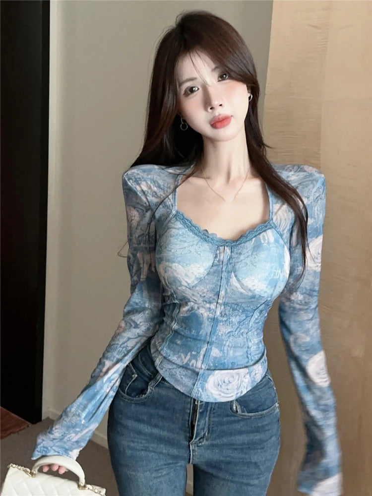 Spring Y2k Aesthetic Tie-dye Printing Tops Lace Bottoming Crop Tops Streetwear Harajuku Women Vintage Sexy Grunge T-shirt Tees