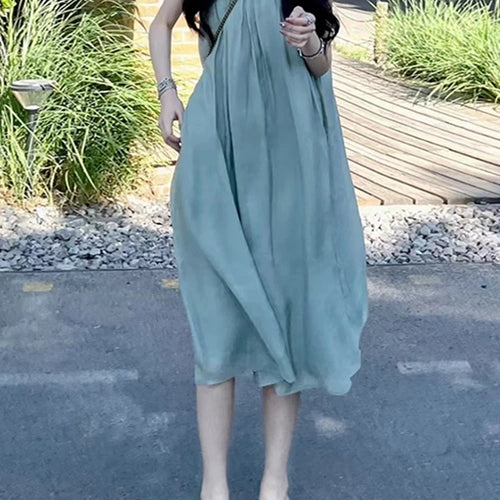 Load image into Gallery viewer, French Style Mint Green Elegant Women Dresses Summer Sleeveless Solid Color O-neck Loose Fashion Streetwear Female Dress
