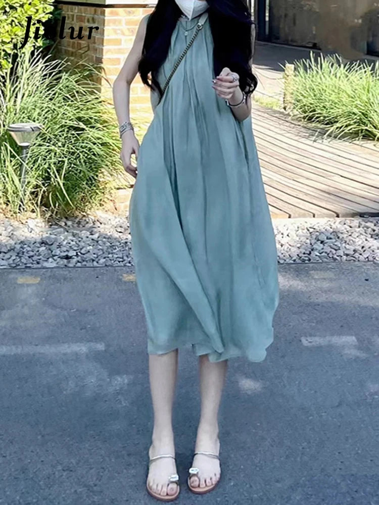 French Style Mint Green Elegant Women Dresses Summer Sleeveless Solid Color O-neck Loose Fashion Streetwear Female Dress