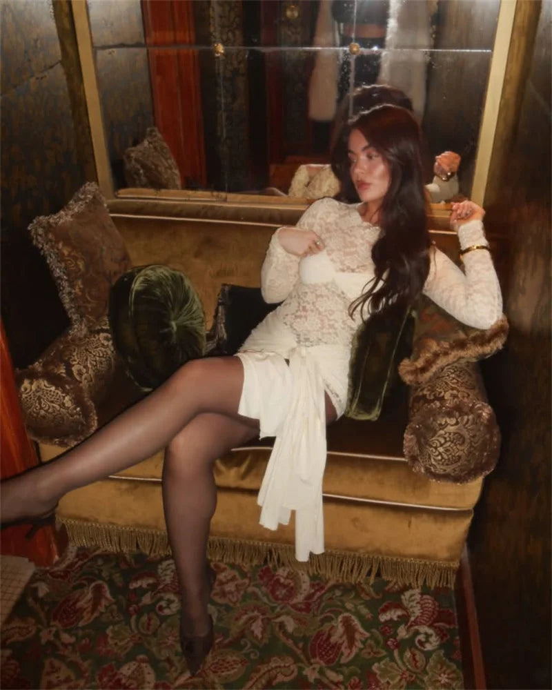 Lace See Through Draped Mini Dress Women Robe Elegant Patchwork Long Sleeve Slim Ruched Club Party Dress Clubwear