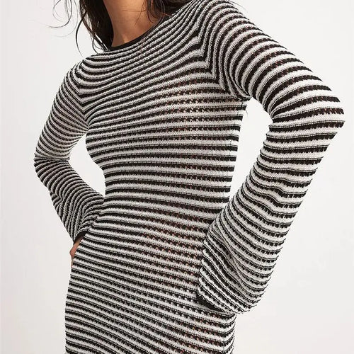 Load image into Gallery viewer, Striped Knit Mini Dress For Women Autumn Winter New O Neck Long Sleeve Contrast Color High Waist Beach Sexy Dress New
