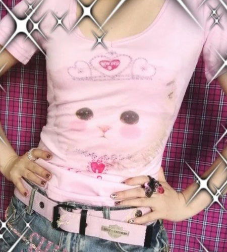 2025 New Kawaii Cartoon Cat Print Crop Top Summer Sweet Y2k Aesthetic Ins Women T-shirt Japanese Fashion Slim Harajuku Tee Shirt