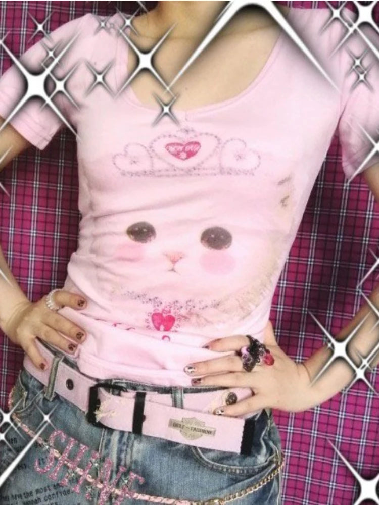 2025 New Kawaii Cartoon Cat Print Crop Top Summer Sweet Y2k Aesthetic Ins Women T-shirt Japanese Fashion Slim Harajuku Tee Shirt