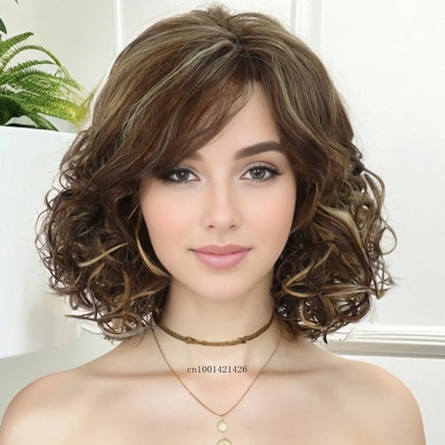 Load image into Gallery viewer, Curly Wig with Bangs Synthetic Hair Short Wigs for White Women Mix Brown Highlight Blonde Layered Haircut Mommy Wig Casual Style
