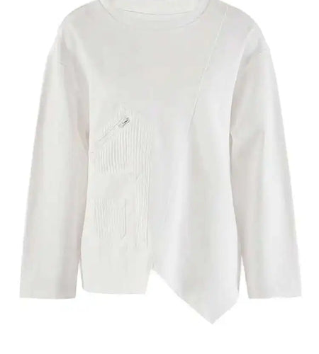 Women White Irregular Spliced Big Size Casual T-shirt New Round Neck Long Sleeve Fashion Tide Spring Autumn 2025 CPG1904