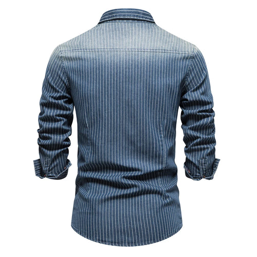 Load image into Gallery viewer, Cotton Men Denim Shirts Striped Stretch Long Sleeve High Quality Jeans Shirts for Men Casual Slim Cowboy Shirts Man
